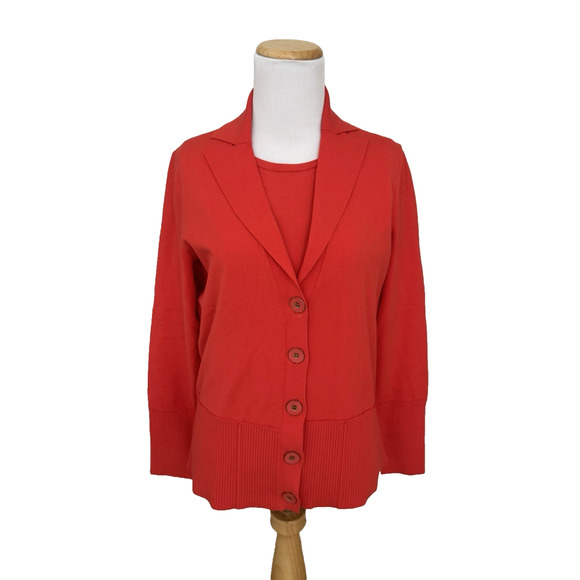 Carlisle Sweaters - Carlisle Sweater Set M Orange-Red Viscose Stretch Knit Cardigan + Shell 2-Piece